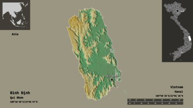 Binh Inh 'in şekli, Vietnam vilayeti ve başkenti. Uzaklık ölçeği, ön gösterimler ve etiketler. Topografik yardım haritası. 3B görüntüleme