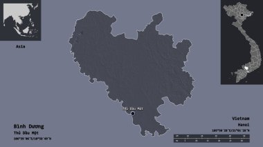 Binh Duong, Vietnam vilayeti ve başkenti. Uzaklık ölçeği, ön gösterimler ve etiketler. Renkli yükseklik haritası. 3B görüntüleme