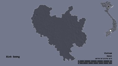 Binh Duong, Vietnam vilayeti, başkenti sağlam arka planda izole edilmiş. Uzaklık ölçeği, bölge önizlemesi ve etiketleri. Renkli yükseklik haritası. 3B görüntüleme