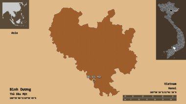 Binh Duong, Vietnam vilayeti ve başkenti. Uzaklık ölçeği, ön gösterimler ve etiketler. Desenli dokuların bileşimi. 3B görüntüleme