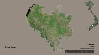Binh Duong, Vietnam vilayeti, başkenti sağlam arka planda izole edilmiş. Uzaklık ölçeği, bölge önizlemesi ve etiketleri. Uydu görüntüleri. 3B görüntüleme