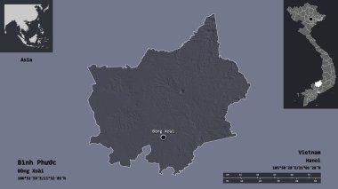 Binh Phuoc 'un şekli, Vietnam vilayeti ve başkenti. Uzaklık ölçeği, ön gösterimler ve etiketler. Renkli yükseklik haritası. 3B görüntüleme