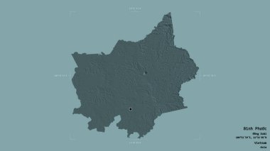 Binh Phuoc bölgesi, Vietnam vilayeti, jeoreferatlı bir sınır kutusunda sağlam bir arka planda izole edilmiş. Etiketler. Renkli yükseklik haritası. 3B görüntüleme