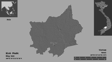 Binh Phuoc 'un şekli, Vietnam vilayeti ve başkenti. Uzaklık ölçeği, ön gösterimler ve etiketler. Çift seviyeli yükseklik haritası. 3B görüntüleme