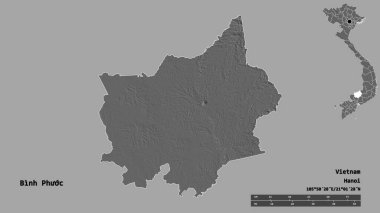 Binh Phuoc 'un şekli, Vietnam vilayeti, başkenti sağlam arka planda izole edilmiş. Uzaklık ölçeği, bölge önizlemesi ve etiketleri. Çift seviyeli yükseklik haritası. 3B görüntüleme