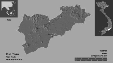 Binh Thuan, Vietnam vilayeti ve başkenti. Uzaklık ölçeği, ön gösterimler ve etiketler. Çift seviyeli yükseklik haritası. 3B görüntüleme