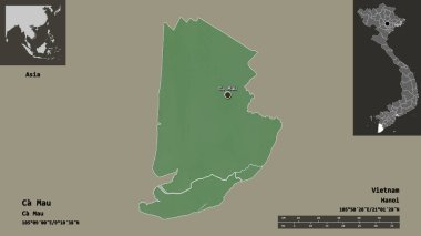 Vietnam vilayeti ve başkenti Ca Mau 'nun şeklidir. Uzaklık ölçeği, ön gösterimler ve etiketler. Topografik yardım haritası. 3B görüntüleme