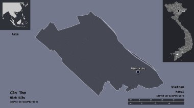 Can Tho 'nun şekli, Vietnam şehri ve başkenti. Uzaklık ölçeği, ön gösterimler ve etiketler. Renkli yükseklik haritası. 3B görüntüleme
