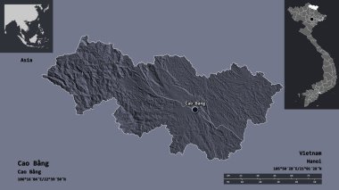 Vietnam vilayeti Cao Bang ve başkenti. Uzaklık ölçeği, ön gösterimler ve etiketler. Renkli yükseklik haritası. 3B görüntüleme
