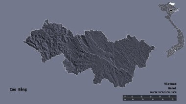 Vietnam 'ın Cao Bang bölgesinin başkenti sağlam bir zemin üzerinde izole edilmiştir. Uzaklık ölçeği, bölge önizlemesi ve etiketleri. Renkli yükseklik haritası. 3B görüntüleme