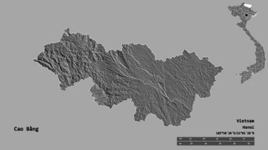 Vietnam 'ın Cao Bang bölgesinin başkenti sağlam bir zemin üzerinde izole edilmiştir. Uzaklık ölçeği, bölge önizlemesi ve etiketleri. Çift seviyeli yükseklik haritası. 3B görüntüleme