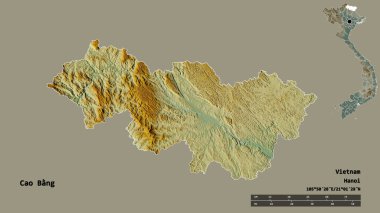 Vietnam 'ın Cao Bang bölgesinin başkenti sağlam bir zemin üzerinde izole edilmiştir. Uzaklık ölçeği, bölge önizlemesi ve etiketleri. Topografik yardım haritası. 3B görüntüleme
