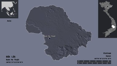 Ak Lak 'ın şekli, Vietnam vilayeti ve başkenti. Uzaklık ölçeği, ön gösterimler ve etiketler. Renkli yükseklik haritası. 3B görüntüleme