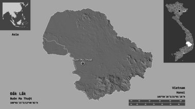 Ak Lak 'ın şekli, Vietnam vilayeti ve başkenti. Uzaklık ölçeği, ön gösterimler ve etiketler. Çift seviyeli yükseklik haritası. 3B görüntüleme