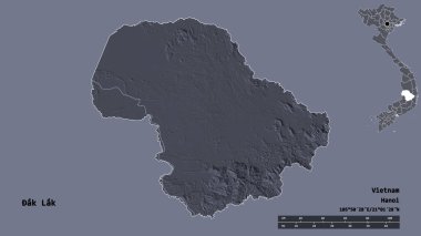 Ak Lak 'ın şekli, Vietnam vilayeti, başkenti sağlam arka planda izole edilmiş. Uzaklık ölçeği, bölge önizlemesi ve etiketleri. Renkli yükseklik haritası. 3B görüntüleme