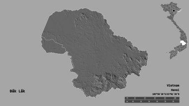 Ak Lak 'ın şekli, Vietnam vilayeti, başkenti sağlam arka planda izole edilmiş. Uzaklık ölçeği, bölge önizlemesi ve etiketleri. Çift seviyeli yükseklik haritası. 3B görüntüleme
