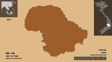 Ak Lak 'ın şekli, Vietnam vilayeti ve başkenti. Uzaklık ölçeği, ön gösterimler ve etiketler. Desenli dokuların bileşimi. 3B görüntüleme