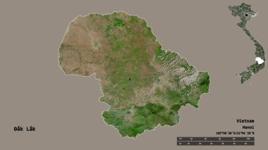 Ak Lak 'ın şekli, Vietnam vilayeti, başkenti sağlam arka planda izole edilmiş. Uzaklık ölçeği, bölge önizlemesi ve etiketleri. Uydu görüntüleri. 3B görüntüleme