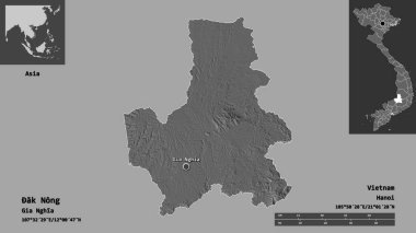 Ak Nong 'un şekli, Vietnam vilayeti ve başkenti. Uzaklık ölçeği, ön gösterimler ve etiketler. Çift seviyeli yükseklik haritası. 3B görüntüleme
