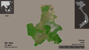 Ak Nong 'un şekli, Vietnam vilayeti ve başkenti. Uzaklık ölçeği, ön gösterimler ve etiketler. Uydu görüntüleri. 3B görüntüleme