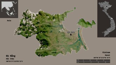 Vietnam şehri ve başkenti Nang 'in şeklidir. Uzaklık ölçeği, ön gösterimler ve etiketler. Uydu görüntüleri. 3B görüntüleme