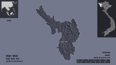Vietnam vilayeti ve başkenti ien Bien 'in şeklidir. Uzaklık ölçeği, ön gösterimler ve etiketler. Renkli yükseklik haritası. 3B görüntüleme