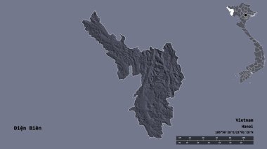 Vietnam vilayeti ien Bien 'in şekli, başkenti sağlam bir arka planda izole edilmiş. Uzaklık ölçeği, bölge önizlemesi ve etiketleri. Renkli yükseklik haritası. 3B görüntüleme