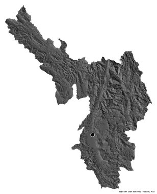Vietnam eyaleti ien Bien, başkenti beyaz arka planda izole edilmiş. Çift seviyeli yükseklik haritası. 3B görüntüleme