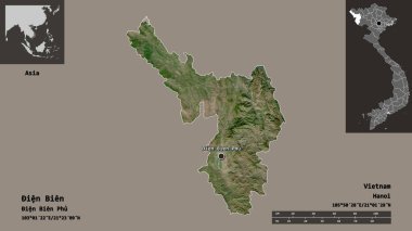 Vietnam vilayeti ve başkenti ien Bien 'in şeklidir. Uzaklık ölçeği, ön gösterimler ve etiketler. Uydu görüntüleri. 3B görüntüleme