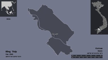 ong Thap 'ın şekli, Vietnam vilayeti ve başkenti. Uzaklık ölçeği, ön gösterimler ve etiketler. Renkli yükseklik haritası. 3B görüntüleme