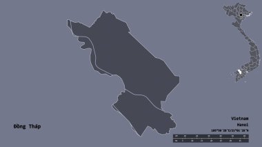 Vietnam vilayeti ong Thap 'ın şekli, başkenti sağlam arka planda izole edilmiş. Uzaklık ölçeği, bölge önizlemesi ve etiketleri. Renkli yükseklik haritası. 3B görüntüleme