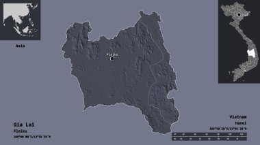 Gia Lai 'nin şekli, Vietnam vilayeti ve başkenti. Uzaklık ölçeği, ön gösterimler ve etiketler. Renkli yükseklik haritası. 3B görüntüleme