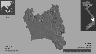 Gia Lai 'nin şekli, Vietnam vilayeti ve başkenti. Uzaklık ölçeği, ön gösterimler ve etiketler. Çift seviyeli yükseklik haritası. 3B görüntüleme