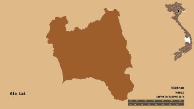 Gia Lai 'nin görüntüsü, Vietnam vilayeti, başkenti sağlam arka planda izole edilmiş. Uzaklık ölçeği, bölge önizlemesi ve etiketleri. Desenli dokuların bileşimi. 3B görüntüleme