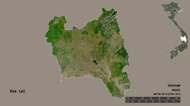 Gia Lai 'nin görüntüsü, Vietnam vilayeti, başkenti sağlam arka planda izole edilmiş. Uzaklık ölçeği, bölge önizlemesi ve etiketleri. Uydu görüntüleri. 3B görüntüleme