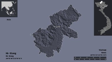 Vietnam vilayeti ve başkenti Ha Giang 'ın sureti. Uzaklık ölçeği, ön gösterimler ve etiketler. Renkli yükseklik haritası. 3B görüntüleme