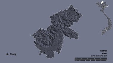 Vietnam vilayeti Ha Giang 'ın görüntüsü, başkenti sağlam bir zeminde izole edilmiş. Uzaklık ölçeği, bölge önizlemesi ve etiketleri. Renkli yükseklik haritası. 3B görüntüleme