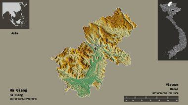 Vietnam vilayeti ve başkenti Ha Giang 'ın sureti. Uzaklık ölçeği, ön gösterimler ve etiketler. Topografik yardım haritası. 3B görüntüleme