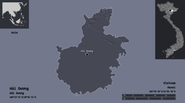 Vietnam vilayeti ve başkenti Hai Duong 'un sureti. Uzaklık ölçeği, ön gösterimler ve etiketler. Renkli yükseklik haritası. 3B görüntüleme