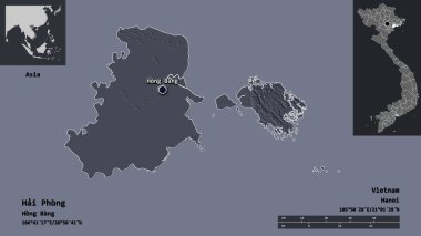 Hai Phong 'un şekli, Vietnam şehri ve başkenti. Uzaklık ölçeği, ön gösterimler ve etiketler. Renkli yükseklik haritası. 3B görüntüleme