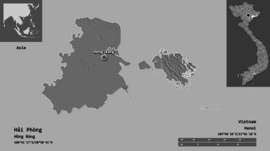 Hai Phong 'un şekli, Vietnam şehri ve başkenti. Uzaklık ölçeği, ön gösterimler ve etiketler. Çift seviyeli yükseklik haritası. 3B görüntüleme