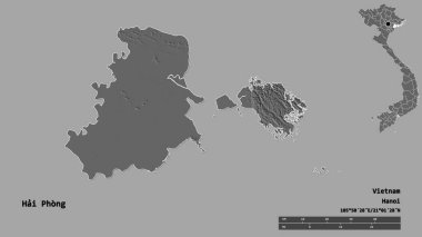Vietnam şehri Hai Phong 'un şekli, başkenti sağlam bir zemin üzerinde izole edilmiş. Uzaklık ölçeği, bölge önizlemesi ve etiketleri. Çift seviyeli yükseklik haritası. 3B görüntüleme