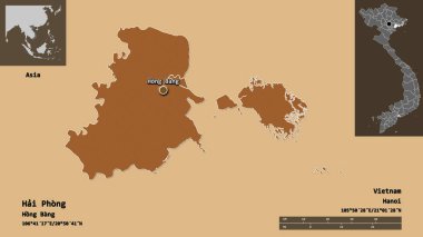 Hai Phong 'un şekli, Vietnam şehri ve başkenti. Uzaklık ölçeği, ön gösterimler ve etiketler. Desenli dokuların bileşimi. 3B görüntüleme