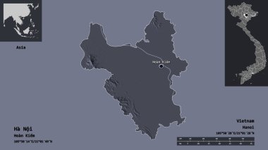 Vietnam şehri ve başkenti Ha Noi 'nin şekli. Uzaklık ölçeği, ön gösterimler ve etiketler. Renkli yükseklik haritası. 3B görüntüleme