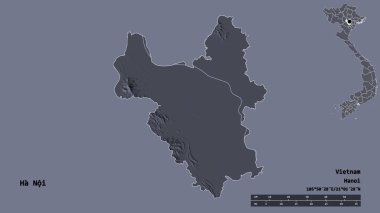 Vietnam şehri Ha Noi 'nin şekli, başkenti sağlam bir zeminde izole edilmiş. Uzaklık ölçeği, bölge önizlemesi ve etiketleri. Renkli yükseklik haritası. 3B görüntüleme