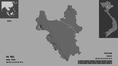 Vietnam şehri ve başkenti Ha Noi 'nin şekli. Uzaklık ölçeği, ön gösterimler ve etiketler. Çift seviyeli yükseklik haritası. 3B görüntüleme