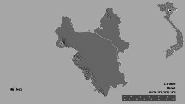 Vietnam şehri Ha Noi 'nin şekli, başkenti sağlam bir zeminde izole edilmiş. Uzaklık ölçeği, bölge önizlemesi ve etiketleri. Çift seviyeli yükseklik haritası. 3B görüntüleme