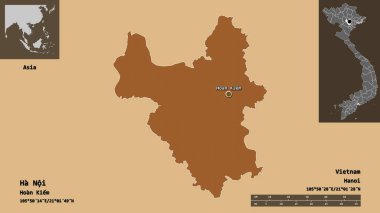 Vietnam şehri ve başkenti Ha Noi 'nin şekli. Uzaklık ölçeği, ön gösterimler ve etiketler. Desenli dokuların bileşimi. 3B görüntüleme