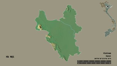 Vietnam şehri Ha Noi 'nin şekli, başkenti sağlam bir zeminde izole edilmiş. Uzaklık ölçeği, bölge önizlemesi ve etiketleri. Topografik yardım haritası. 3B görüntüleme