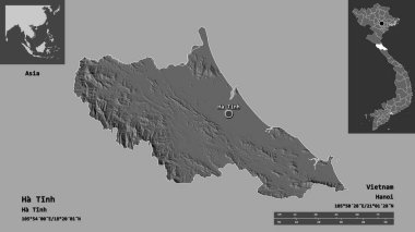 Vietnam vilayeti Ha Tinh ve başkenti. Uzaklık ölçeği, ön gösterimler ve etiketler. Çift seviyeli yükseklik haritası. 3B görüntüleme